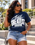 Woman wearing Jackson State Tigers Thee Greatest Show navy T-shirt