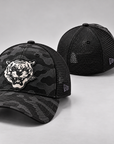 Jackson State Black Camo New Era 39THIRTY Stretch Tech Mesh cap shown from front and rear with Tiger Head patch