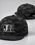 Jackson State Black Camo New Era 9FIFTY flat bill snapback shown from front and rear with Block JSU patch