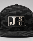 Front view of Jackson State Black Camo New Era 9FIFTY flat bill snapback with Block JSU patch