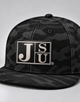 Jackson State Black Camo New Era 9FIFTY flat bill snapback with Block JSU black-to-silver leatherette patch