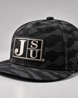Side profile of Jackson State Black Camo New Era 9FIFTY flat bill snapback with Block JSU patch