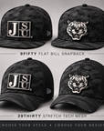 Jackson State Black Camo New Era hat guide showing 9FIFTY flat bill and 39THIRTY Stretch Tech Mesh styles