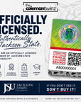 Promotional graphic for a Jackson State University officially licensed product, featuring a green and yellow holographic card with a QR code and branding. The graphic denotes that The Coleman Twinz are Officially Licensed vendors