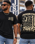 Black male model wearing Jackson State Tigers Salute to Service short sleeve T-shirt shown from front and back