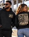 Black adult models wearing Jackson State Tigers Salute to Service hoodie and crewneck sweatshirt