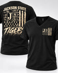 Jackson State Tigers Salute to Service black V-neck T-shirt front and back