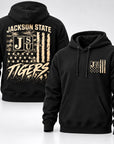 Jackson State Tigers Salute to Service black pullover hoodie front and back