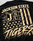 Close-up of Jackson State Tigers Salute to Service distressed full back design