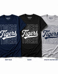 Jackson State Tigers Stacked Script T-Shirt available in Navy Blue, Black, and Athletic Heather Gray