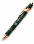 Rose gold Junior League Palo Alto Mid Peninsula executive stylus pen with silver laser engraving on a clean white background