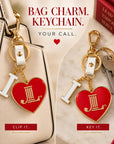 Junior League I Heart JL charm shown as both a handbag charm and keychain