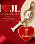 Junior League I Heart JL enamel bag charm keychain with red heart, white I charm and gold-tone hardware