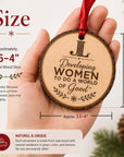 Natural wood slice ornament size chart with red ribbon and Developing Women design
