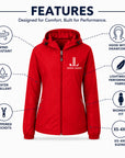Women’s hooded zip-front raglan jacket, red with logo at chest and drawstring hood