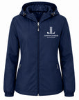 Women’s hooded zip-front raglan jacket, deep navy with chest logo and drawstring hood