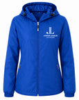 Women’s hooded zip-front raglan jacket, true royal blue with chest logo and drawstring hood