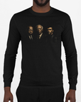 Black long-sleeve crewneck T-shirt with three men portrait graphic on the chest