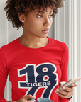 Red long-sleeve crew neck T-shirt with 18 Tigers 1877 graphic on front