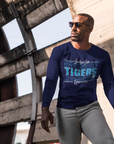 Navy long-sleeve t-shirt with 'TIGERS' front graphic on a man