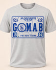Heather gray T-shirt with blue rectangular G.O.M.A.B. Phi Beta Sigma Mississippi graphic