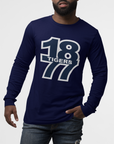 Navy long-sleeve crew neck T-shirt with 18 Tigers logo graphic on front