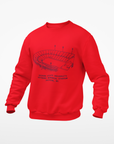 Red unisex crewneck sweatshirt with stadium graphic and text on front