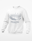 White unisex crewneck sweatshirt with stadium graphic and text on chest