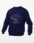 Navy crewneck sweatshirt with white stadium graphic on front
