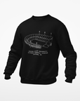 Black crewneck sweatshirt with white stadium graphic on front