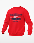 Red unisex crewneck sweatshirt with Tigers Alumni graphic and ribbed cuffs