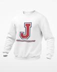 White unisex crewneck sweatshirt with centered J logo graphic on the chest