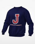 Navy blue unisex crewneck sweatshirt with large J logo graphic at center chest