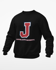 Black unisex crewneck sweatshirt with centered J logo patch graphic
