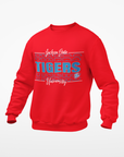 Red crewneck sweatshirt with long sleeves and “Tigers” front graphic