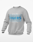 Gray crewneck sweatshirt with long sleeves and “Tigers” front graphic