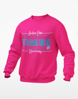 Pink crewneck sweatshirt with long sleeves and “Tigers” front graphic