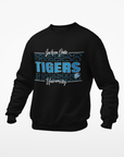 Black crewneck sweatshirt with long sleeves and “Tigers” front graphic