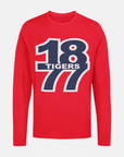 Red long-sleeve crew neck T-shirt with “18 Tigers” front graphic