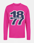 Hot pink long-sleeve crew neck T-shirt with “18 Tigers” front graphic