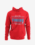 Red pullover hoodie with front Tigers graphic, kangaroo pocket, and drawstring hood