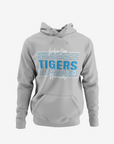 Gray pullover hoodie with front Tigers graphic, kangaroo pocket, and drawstring hood