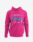 Pink pullover hoodie with front Tigers graphic, kangaroo pocket, and drawstring hood
