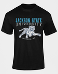 Black crew-neck short-sleeve T-shirt with Jackson State University front graphic