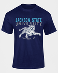 Navy blue crew-neck short-sleeve T-shirt with Jackson State University front graphic