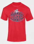 Red crew neck short-sleeve T-shirt with TIGERS and EST. 1877 graphic.