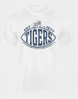 White crew neck short-sleeve T-shirt with TIGERS and EST. 1877 graphic.
