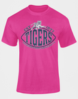 Pink crew neck short-sleeve T-shirt with TIGERS and EST. 1877 graphic.