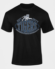 Black crew neck short-sleeve T-shirt with TIGERS and EST. 1877 graphic.