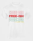 White short-sleeve crewneck T-shirt with multicolor FREE-ISH graphic and Since 1865